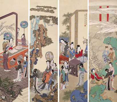 叶曼叔 1879年作 文士淑女（一套四件） 立轴